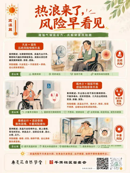 A heat-risk poster illustrated with everyday wheelchair-use situations.